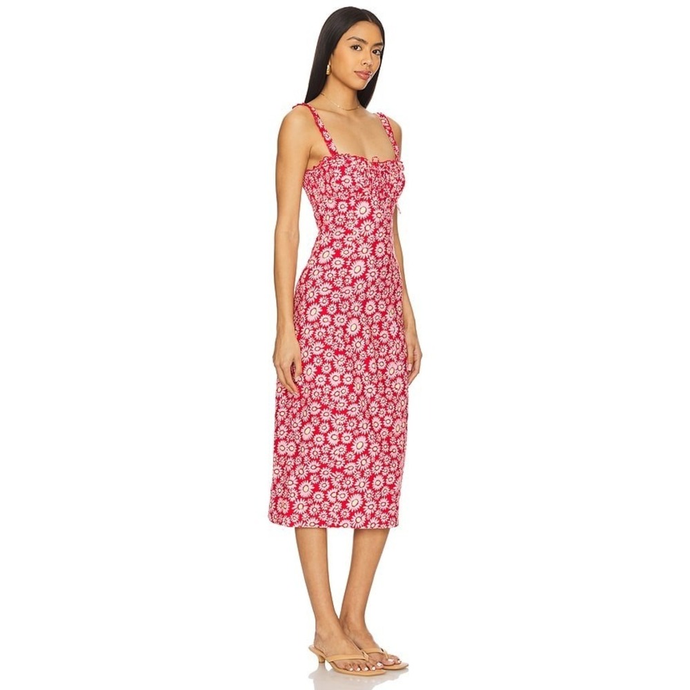 NWT Free People Lucinda Midi Dress Tomato Daisy Smocked Back Size M Red Boho